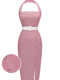 Sale Retro Stage 1960s Halter Stripes Belted Bodycon Dress Pink