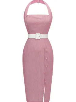 Sale Retro Stage 1960s Halter Stripes Belted Bodycon Dress Pink