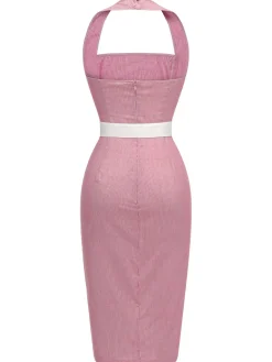 Sale Retro Stage 1960s Halter Stripes Belted Bodycon Dress Pink