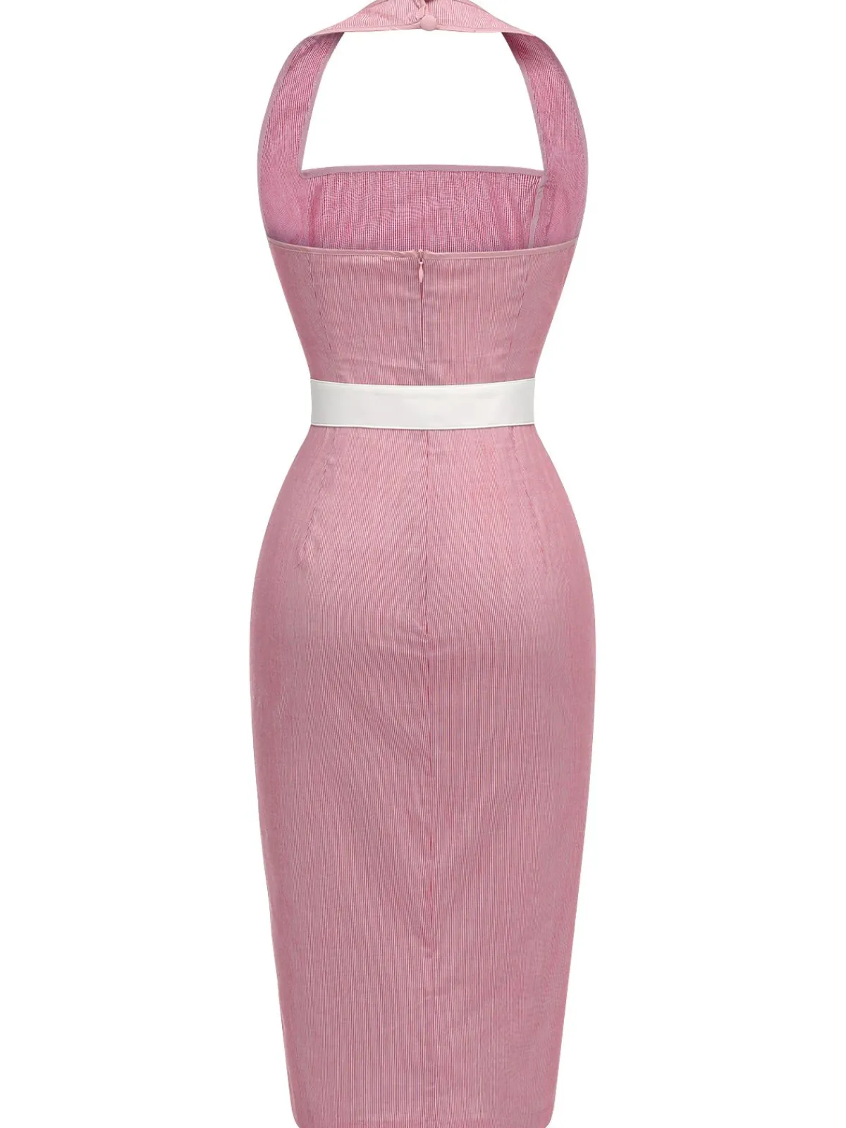 Sale Retro Stage 1960s Halter Stripes Belted Bodycon Dress Pink