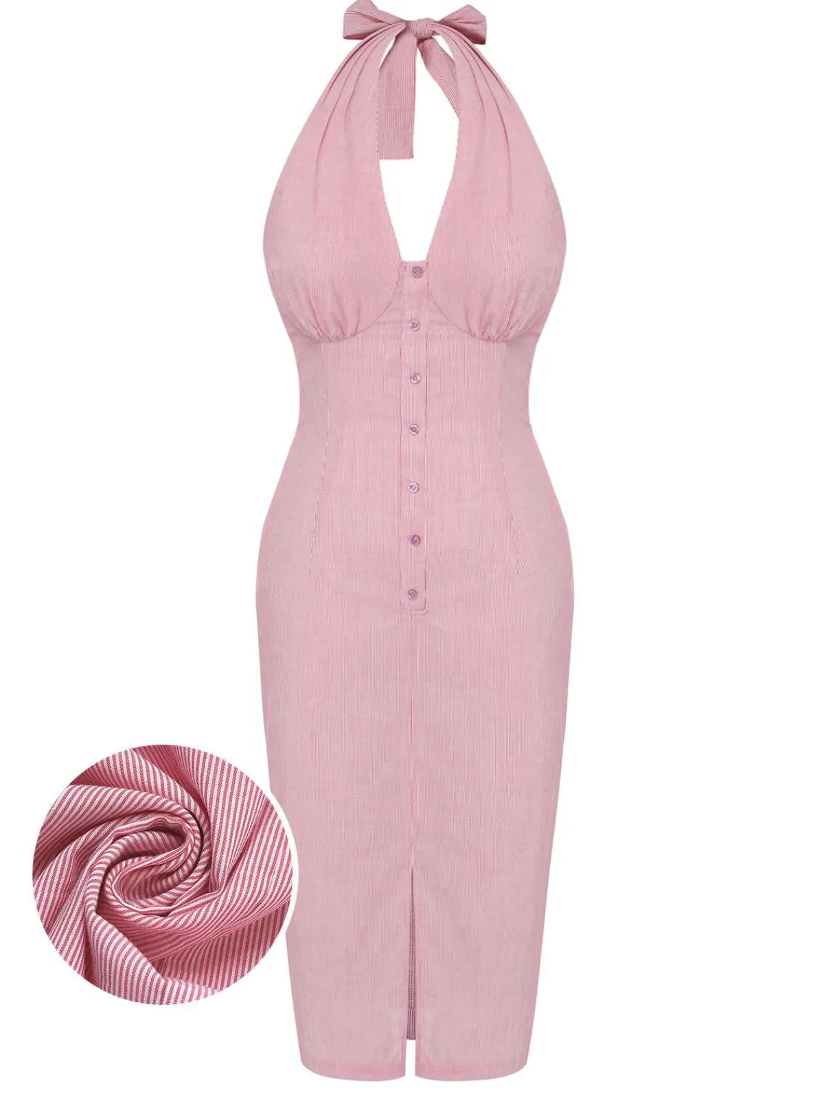 Clearance Retro Stage 1960s Halter Stripes Slit Dress Pink