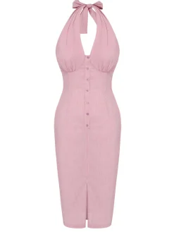 Clearance Retro Stage 1960s Halter Stripes Slit Dress Pink