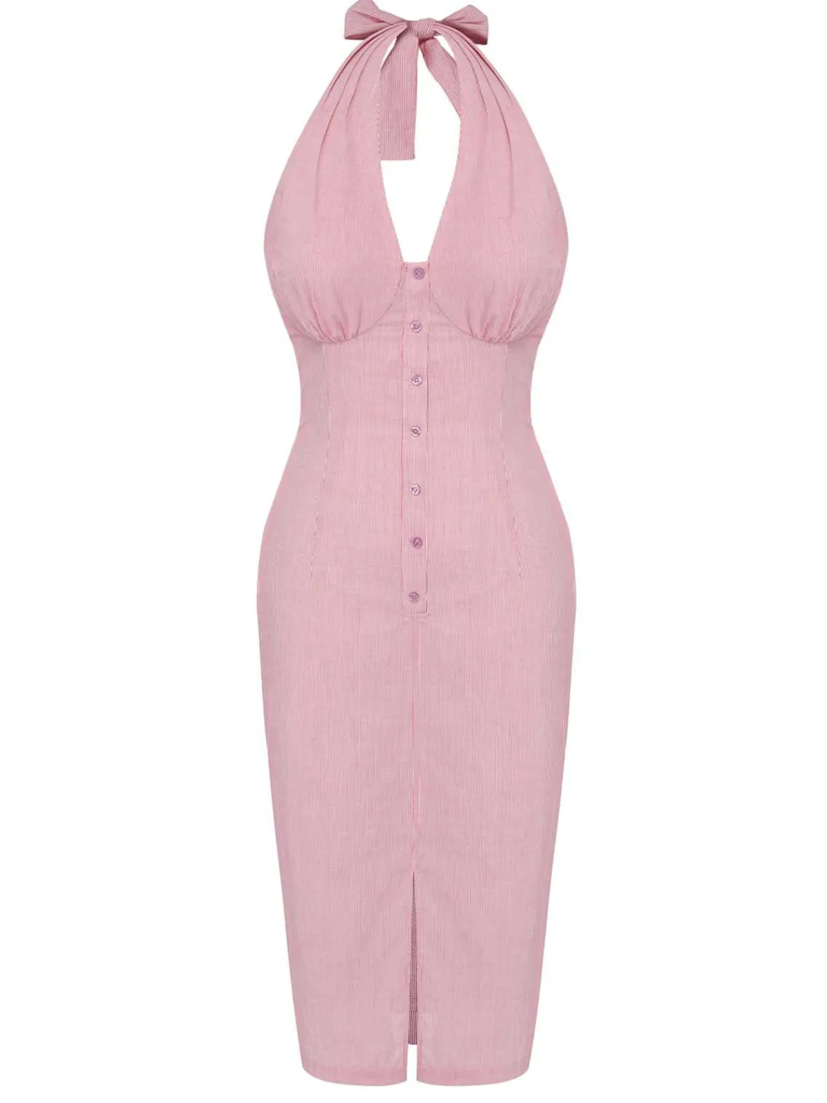 Clearance Retro Stage 1960s Halter Stripes Slit Dress Pink