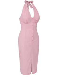 Clearance Retro Stage 1960s Halter Stripes Slit Dress Pink