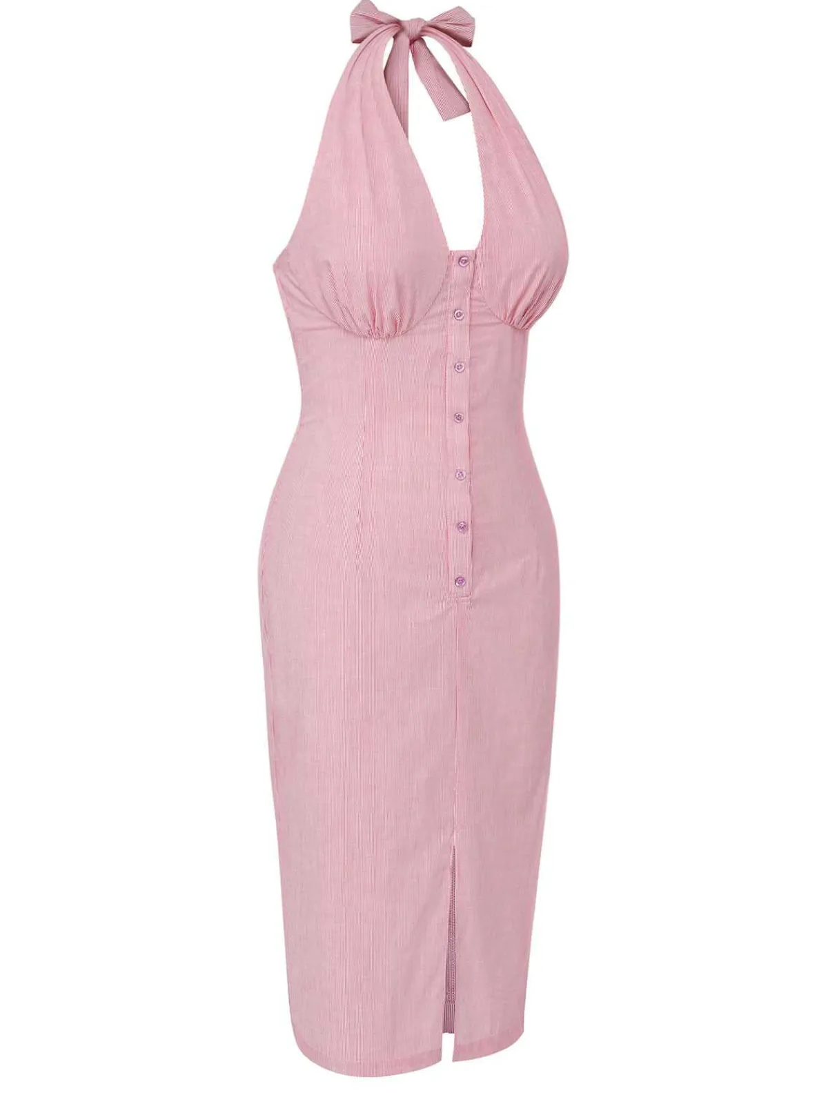 Clearance Retro Stage 1960s Halter Stripes Slit Dress Pink