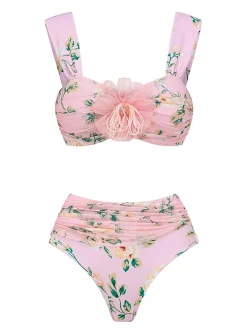 Best Retro Stage 1930s Handmade 3D Flower Pleated Swimsuit Pink