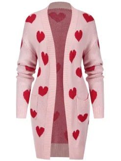 Fashion Retro Stage 1930s Heart Long Knitted Cardigan Pink