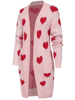 Fashion Retro Stage 1930s Heart Long Knitted Cardigan Pink