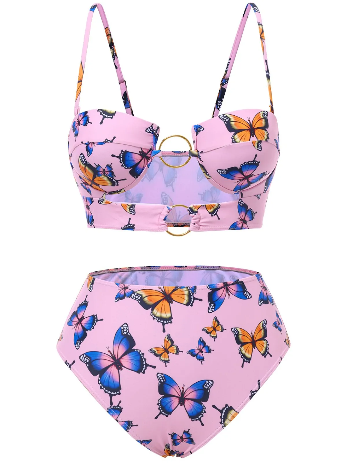 Discount Retro Stage 1950s Hollow Ring Butterfly Bikini Set Pink