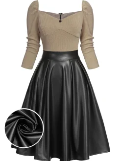 Sale Retro Stage Pink 1950s Knitted Leather Patchwork Dress