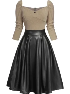 Sale Retro Stage Pink 1950s Knitted Leather Patchwork Dress