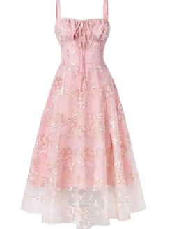 New Retro Stage 1950s Lace-Up Straps Floral Mesh Dress Pink