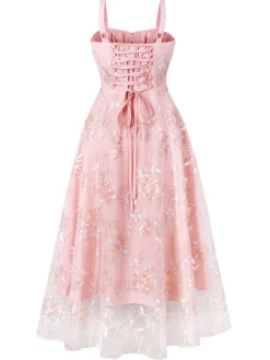 New Retro Stage 1950s Lace-Up Straps Floral Mesh Dress Pink