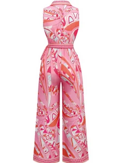New Retro Stage 1930s Lapel Belted Boho Jumpsuit Pink