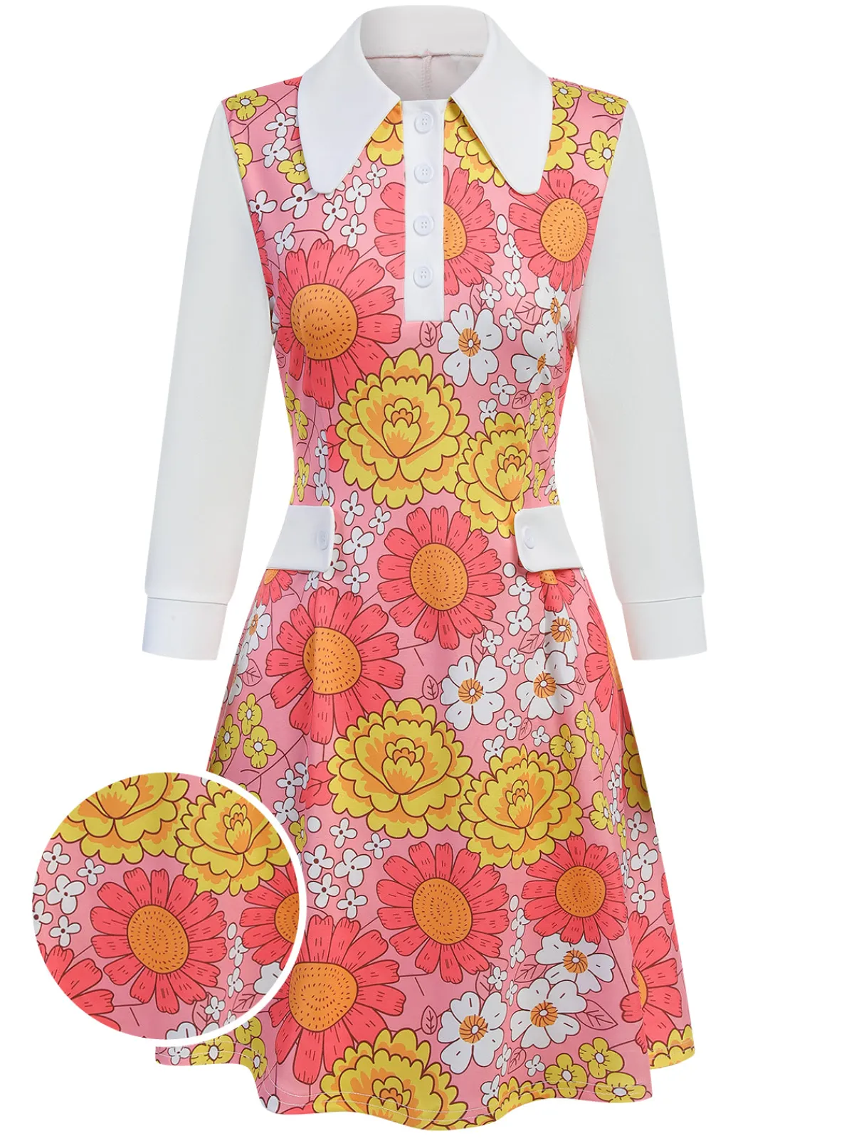 Best Retro Stage Pink 1960s Lapel Flowers Patchwork Dress