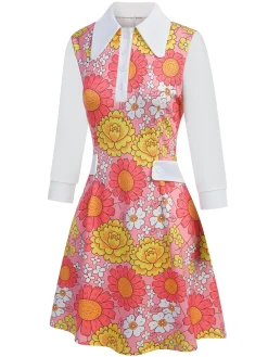 Best Retro Stage Pink 1960s Lapel Flowers Patchwork Dress