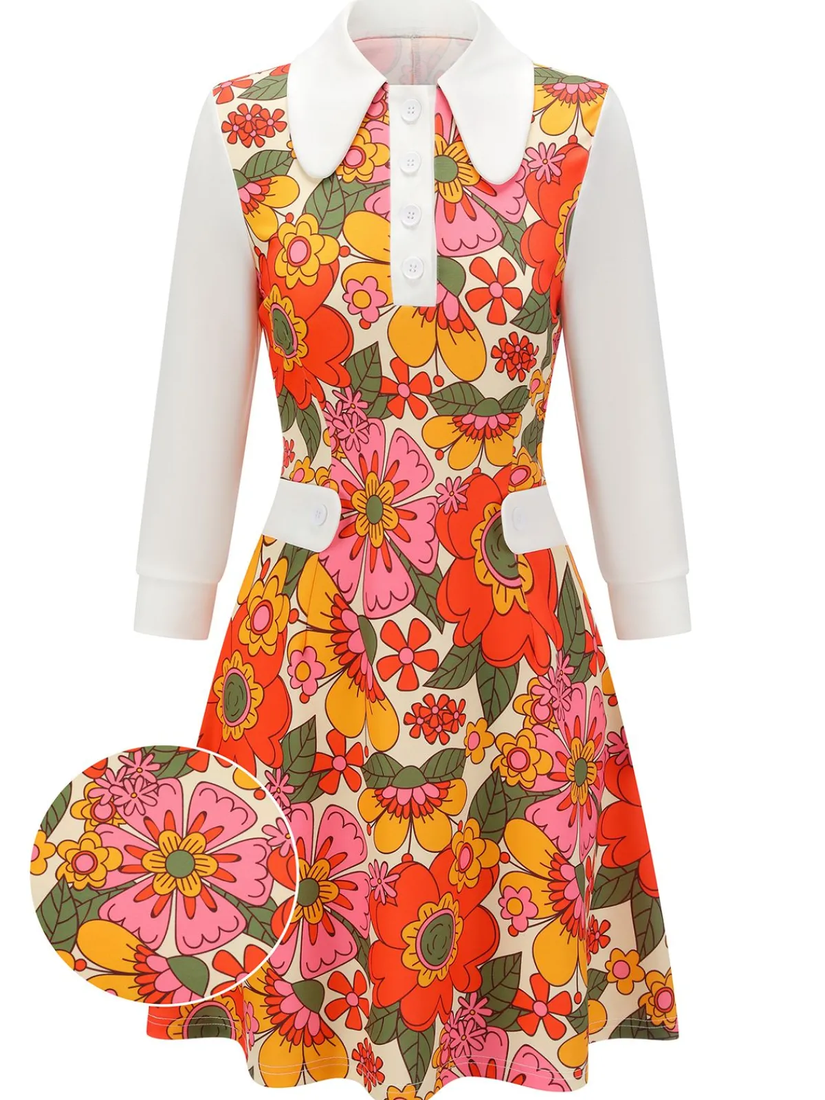 Best Retro Stage Pink 1960s Lapel Flowers Patchwork Dress