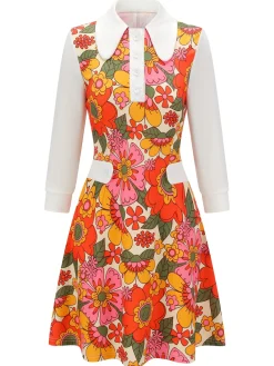 Best Retro Stage Pink 1960s Lapel Flowers Patchwork Dress