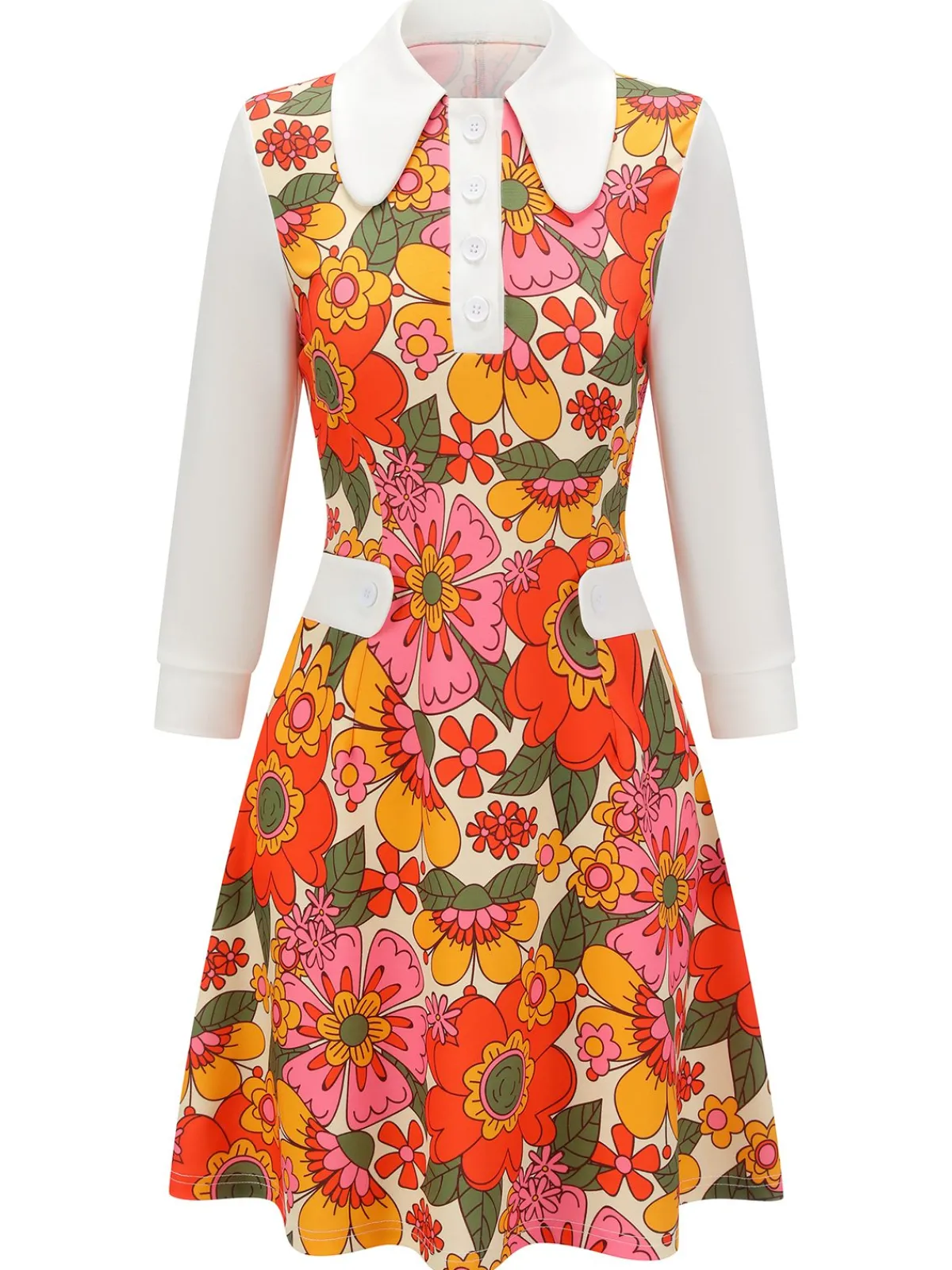 Best Retro Stage Pink 1960s Lapel Flowers Patchwork Dress