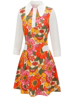 Best Retro Stage Pink 1960s Lapel Flowers Patchwork Dress