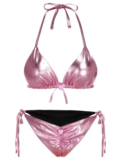 New Retro Stage 1970s Metallic 3D Heart Swimsuit Pink