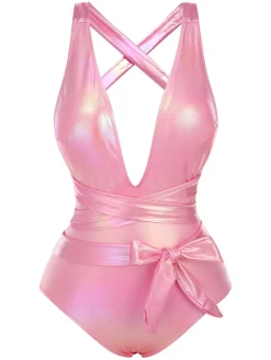 Discount Retro Stage 1970s Metallic Lace-Up Swimsuit Pink