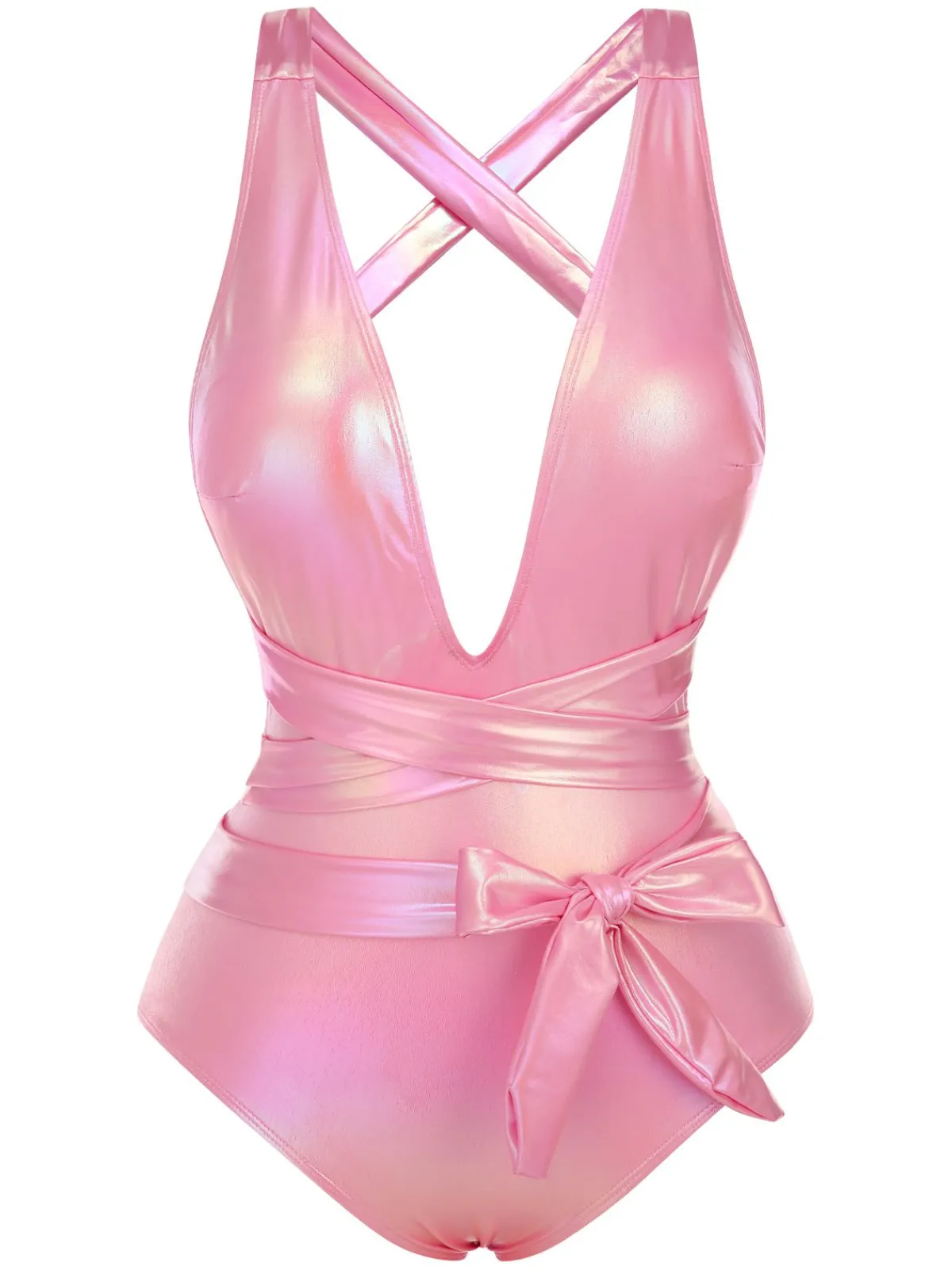 Discount Retro Stage 1970s Metallic Lace-Up Swimsuit Pink