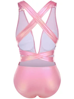 Discount Retro Stage 1970s Metallic Lace-Up Swimsuit Pink