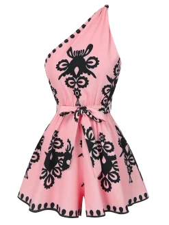 Best Retro Stage Pink 1940s Oblique Neck Tribal Printed Romper