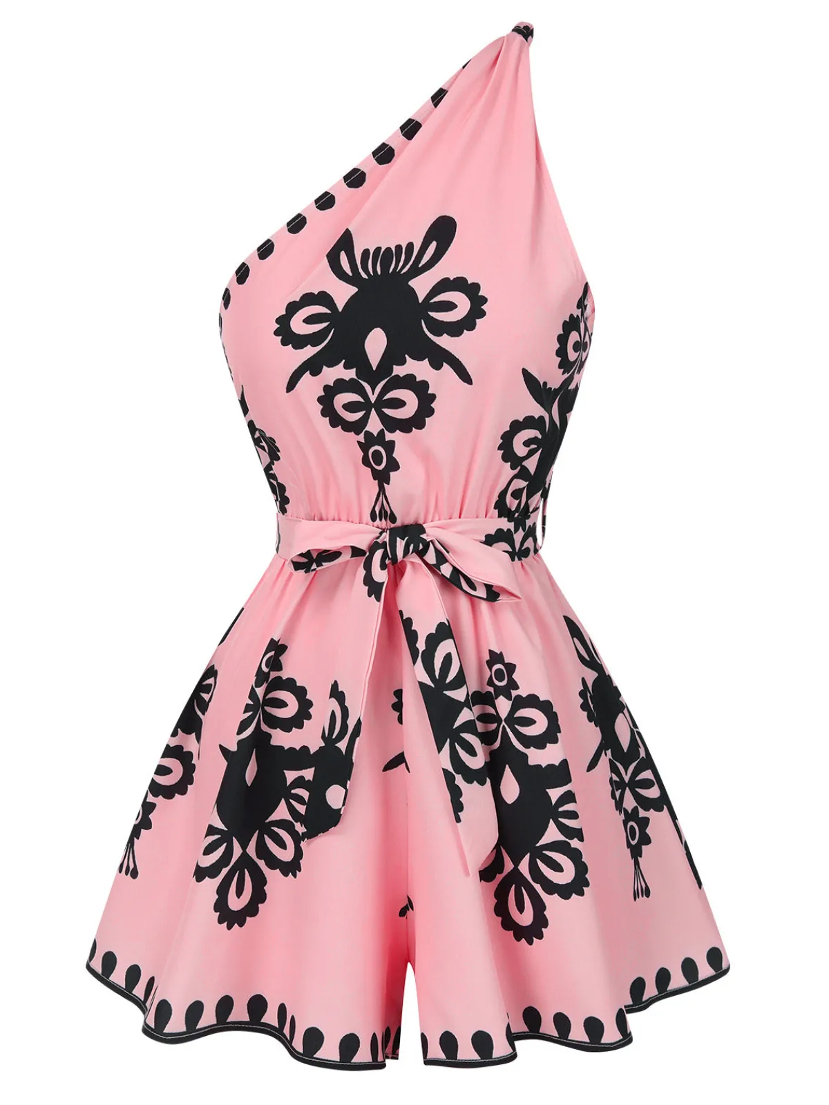 Best Retro Stage Pink 1940s Oblique Neck Tribal Printed Romper