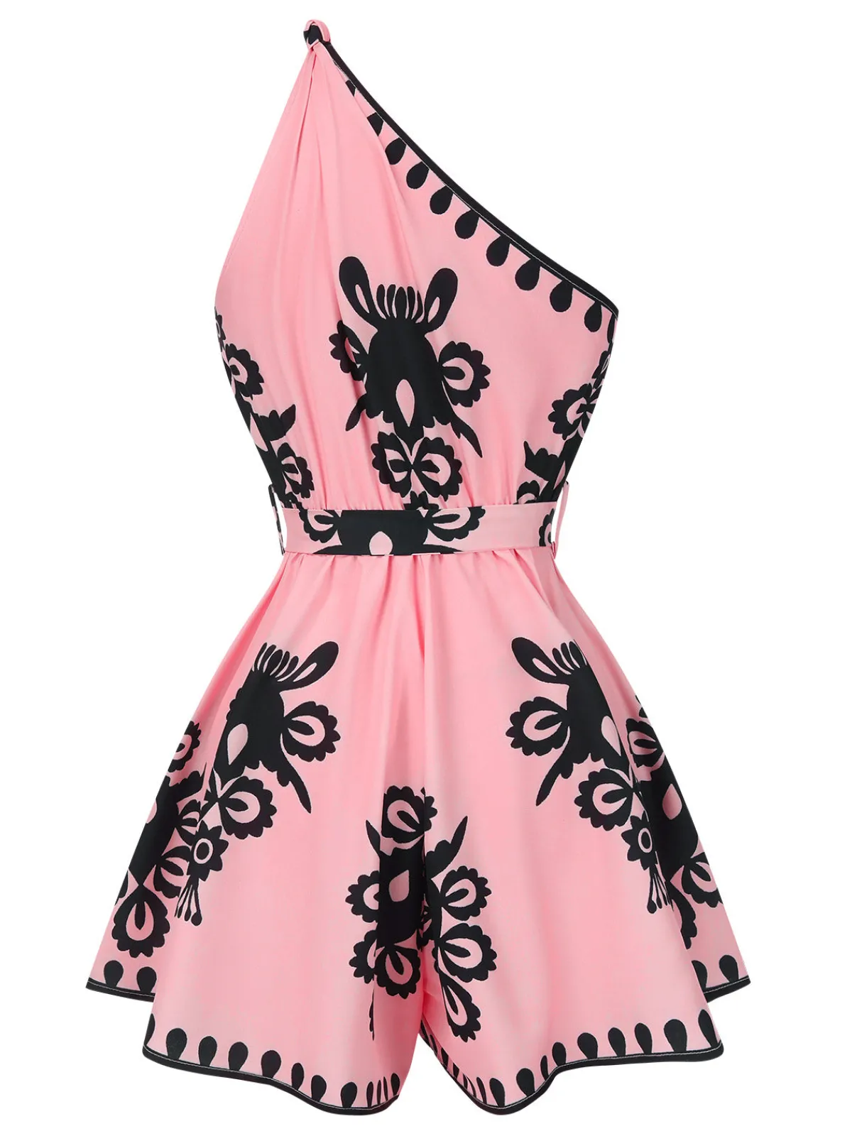 Best Retro Stage Pink 1940s Oblique Neck Tribal Printed Romper