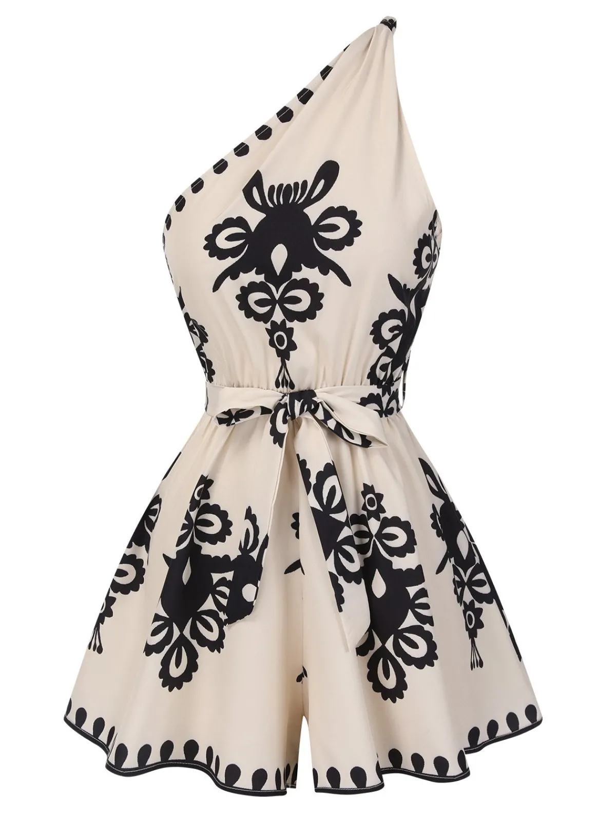 Best Retro Stage Pink 1940s Oblique Neck Tribal Printed Romper