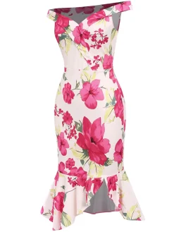 Sale Retro Stage 1930s Off-Shoulder Floral Mermaid Dress Pink