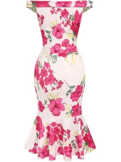 Sale Retro Stage 1930s Off-Shoulder Floral Mermaid Dress Pink