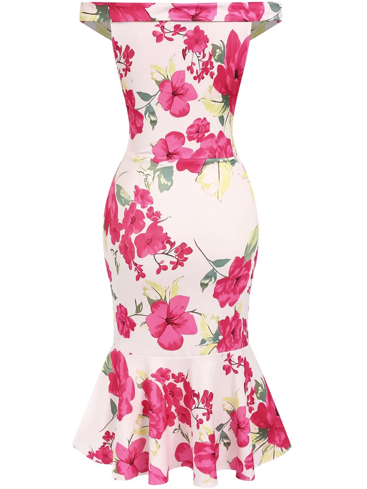 Sale Retro Stage 1930s Off-Shoulder Floral Mermaid Dress Pink
