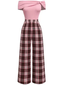 Discount Retro Stage 1930s Off-Shoulder Plaids Jumpsuit Pink