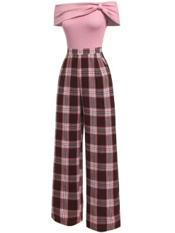 Discount Retro Stage 1930s Off-Shoulder Plaids Jumpsuit Pink