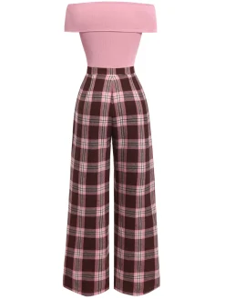 Discount Retro Stage 1930s Off-Shoulder Plaids Jumpsuit Pink
