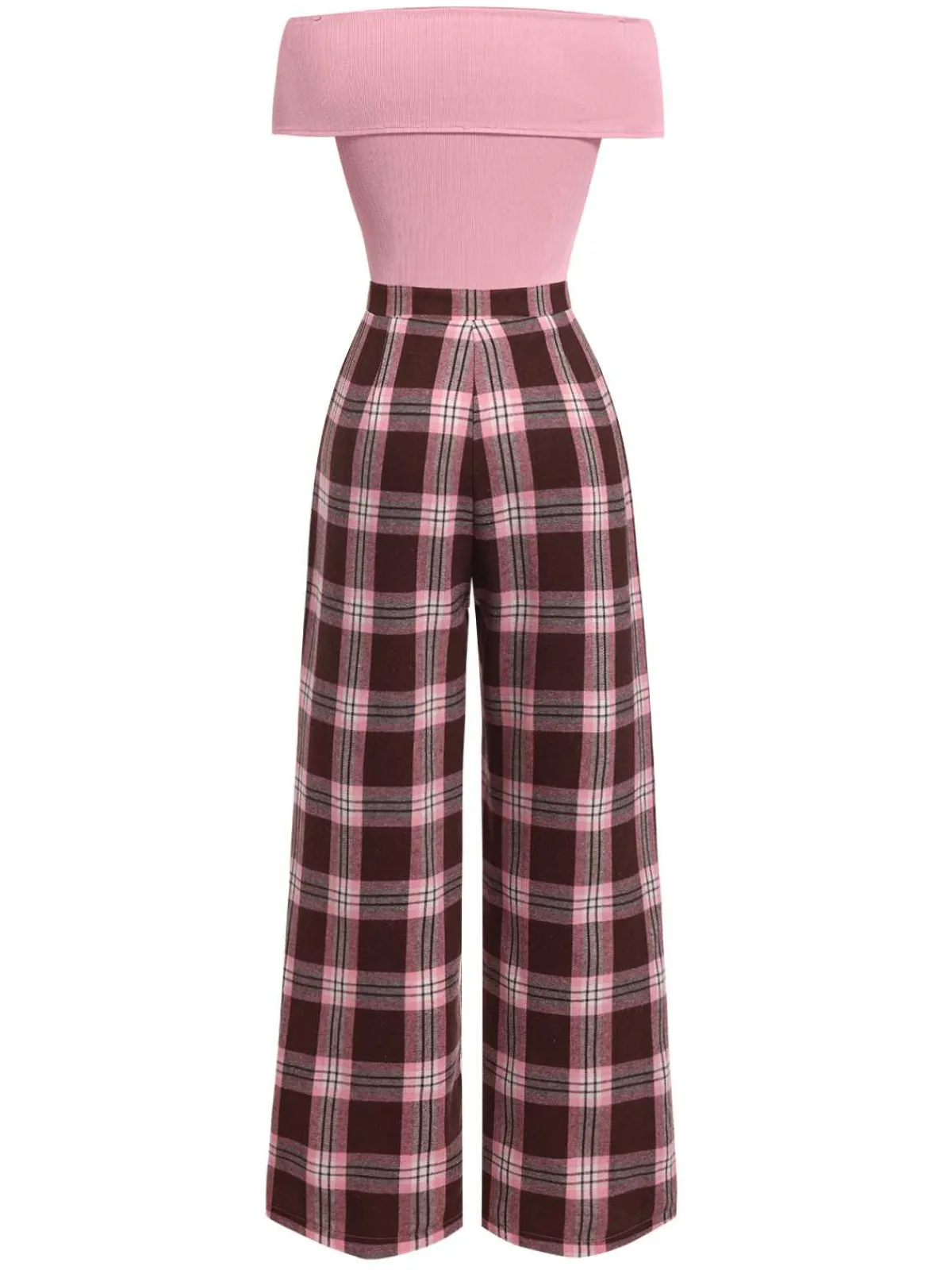 Discount Retro Stage 1930s Off-Shoulder Plaids Jumpsuit Pink
