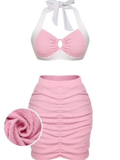Discount Retro Stage 1940s Patchwork Lace-Up Halter Swimsuit Pink