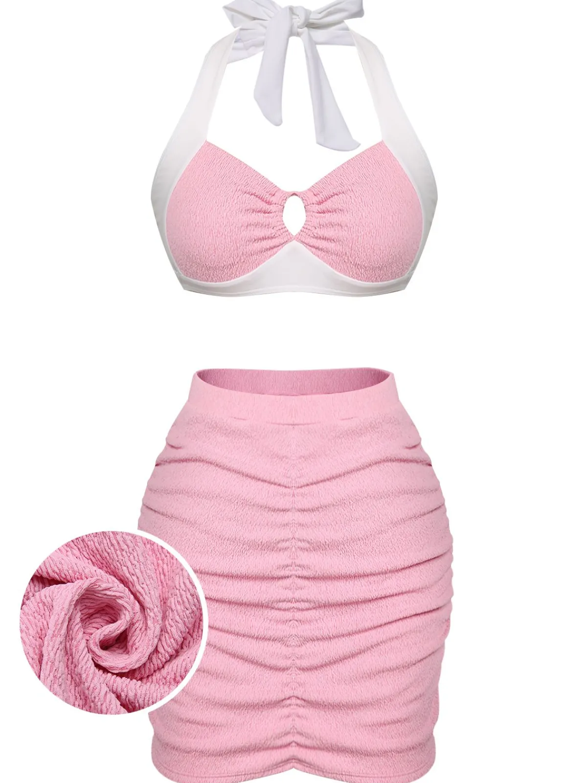 Discount Retro Stage 1940s Patchwork Lace-Up Halter Swimsuit Pink