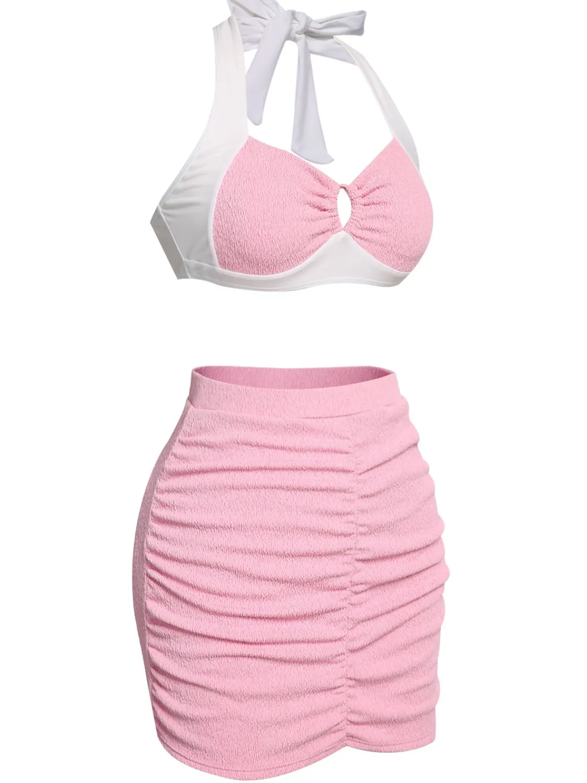 Discount Retro Stage 1940s Patchwork Lace-Up Halter Swimsuit Pink
