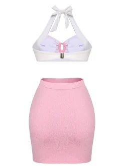 Discount Retro Stage 1940s Patchwork Lace-Up Halter Swimsuit Pink