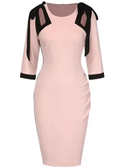 Discount Retro Stage 1960s Patchwork Pencil Dress Pink