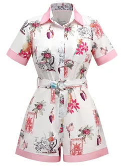 Clearance Retro Stage 1950s Pineapple Flower Belted Lapel Romper Pink