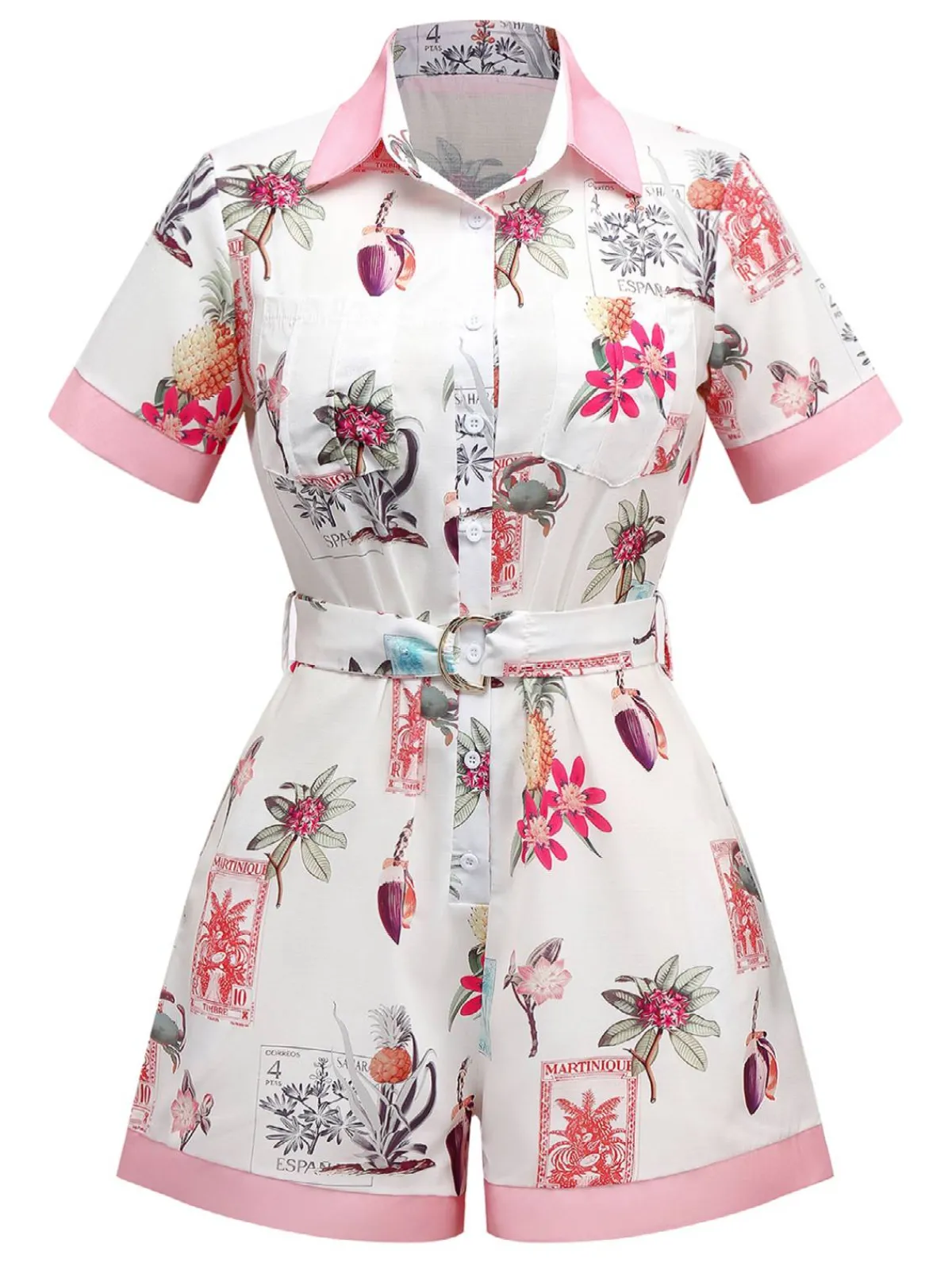 Clearance Retro Stage 1950s Pineapple Flower Belted Lapel Romper Pink