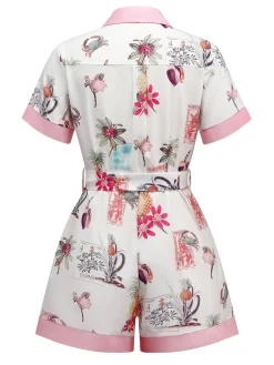 Clearance Retro Stage 1950s Pineapple Flower Belted Lapel Romper Pink