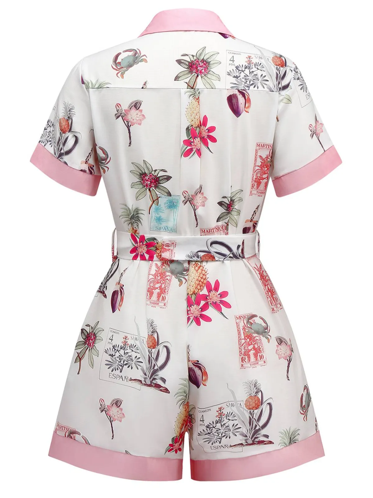 Clearance Retro Stage 1950s Pineapple Flower Belted Lapel Romper Pink