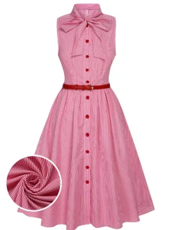 Hot Retro Stage 1950s Pinstripes Tie Collar Dress Pink