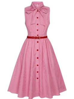 Hot Retro Stage 1950s Pinstripes Tie Collar Dress Pink